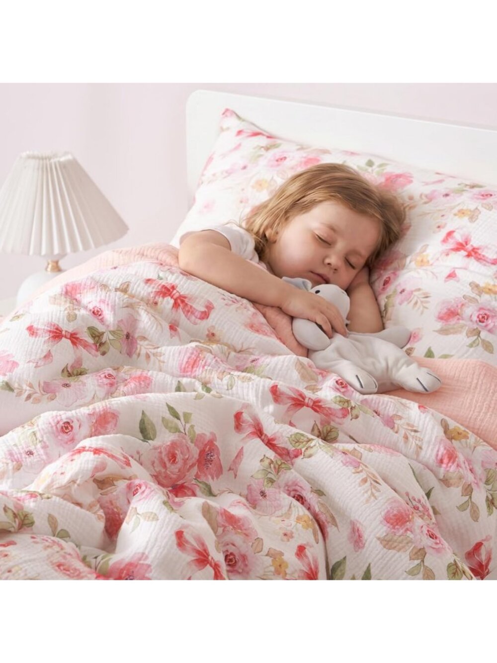 Soft 3-Piece Toddler Bedding Set, Cotton Muslin Comforter & Pillow, Pink Floral